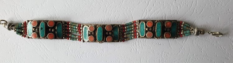 Браслет тибетский кораллобирюзовый, металл, 17 см
